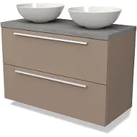 Maxaro Modulo Plato Badkamermeubel voor waskom | 100 cm Taupe Vlak front Lichtgrijs beton blad 2 lades onder elkaar
