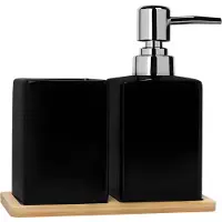 QUVIO Zeepdispenser met tandenborstelbeker + houten onderzetter - Zwart