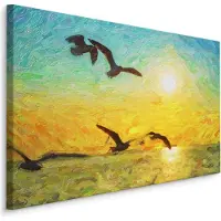 Karo-art Schilderij - Zeemeeuwen en ondergaande zon, Print op canvas, premium Print