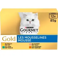 Gourmet 2x Purina Gold Mousse 12x 85gr ( kip, konijn, zalm en niertjes)