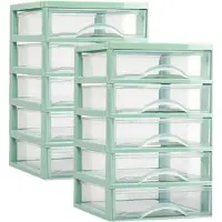 PlasticForte Ladeblokje - bureau organizer - 2x stuks - 5 lades - groen/transparant - L18 x B21 x H28 cm - plastic