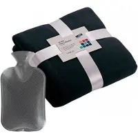 Merkloos Fleece deken/plaid Navy blauw 130 x 170 cm en een warmwater kruik 2 liter - Plaids
