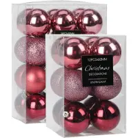 Merkloos Kerstballen - 28x st - 5 en 6 cm - roze - kunststof - Kerstbal