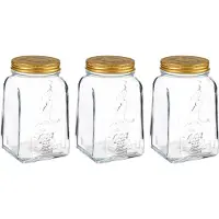 Pasabahce Voorraadpot/bewaarpot Square - 3x - glas - 1,5L - transparant/goud - D10 x H19 cm - voedsel bewaren - Voorraad