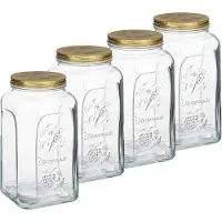 Pasabahce Voorraadpot/bewaarpot Square - 4x - glas - 3L - transparant/goud - D13 x H25 cm - voedsel bewaren - Voorraadpo