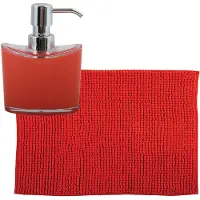 MSV badkamer droogloop mat/tapijtje - 50 x 80 cm - en zelfde kleur zeeppompje 260 ml - rood - Badmatjes