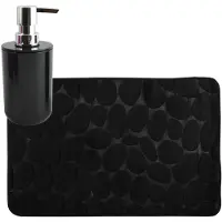 MSV badkamer droogloop mat/tapijt Kiezel - 50 x 80 cm - zelfde kleur zeeppompje - zwart - Badmatjes