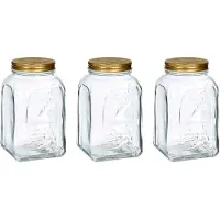 Pasabahce Voorraadpot/bewaarpot Square - 3x - glas - 1,5L - transparant/goud - D10 x H19 cm - voedsel bewaren - Voorraad