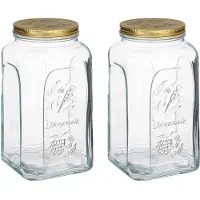 Pasabahce Voorraadpot/bewaarpot Square - 2x - glas - 3L - transparant/goud - D13 x H25 cm - voedsel bewaren - Voorraadpo