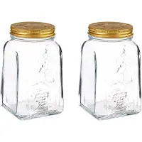Pasabahce Voorraadpot/bewaarpot Square - 2x - glas - 1L - transparant/goud - D10 x H17 cm - voedsel - Voorraadpot