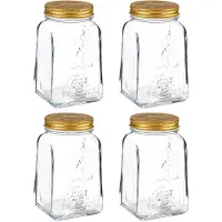 Pasabahce Voorraadpot/bewaarpot Square - 4x - glas - 1L - transparant/goud - D10 x H17 cm - voedsel - Voorraadpot