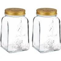 Pasabahce Voorraadpot/bewaarpot Square - 2x - glas - 1,5L - transparant/goud - D10 x H19 cm - voedsel bewaren - Voorraad