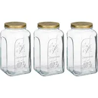 Pasabahce Voorraadpot/bewaarpot Square - 3x - glas - 3L - transparant/goud - D13 x H25 cm - voedsel bewaren - Voorraadpo