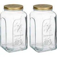Pasabahce Voorraadpot/bewaarpot Square - 2x - glas - 3L - transparant/goud - D13 x H25 cm - voedsel bewaren - Voorraadpo