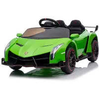 Vrooomy Lamborghini Veneno kinder elektrische auto, 12V (1-6 jaar) – Officieel gelicenseerd, met afstandsbediening, 4 motoren, EVA-banden en lederen stoel – Groene kinder elektrische auto