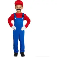 Partychimp Loodgieter Mario Kostuum Kinderen - Shirt Jumpsuit En Hoed - Verkleedkleren Kinderen - Rood - Maat 104/116