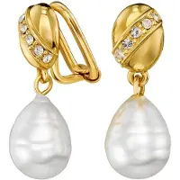 Traveller Clip Oorbellen - Oorclips Dames - Hanger - Goudkleurig - Barok Parel - Wit- Kristal - Verguld 22 kt - 114254