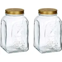 Pasabahce Voorraadpot/bewaarpot Square - 2x - glas - 1,5L - transparant/goud - D10 x H19 cm - voedsel bewaren - Voorraad