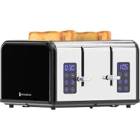 Kitchenbrothers Broodrooster - Toaster - 6 Warmteniveaus - 4 Extra Brede Sleuven - Touch display - 1630W - RVS/Zwart
