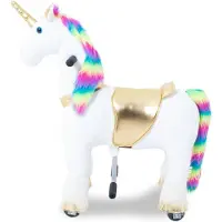 Vrooomy Eenhoorn op wielen, kinderrijdier, klein (4–6 jaar) – Mechanisch paard met galopfunctie en stuur – Pluche rijdiertje voor binnen en buiten – Regenboogkleuren