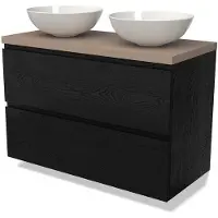 Maxaro Modulo Plato Badkamermeubel voor waskom | 100 cm Zwart eiken Greeploos front Taupe blad 2 lades onder elkaar