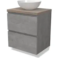 Maxaro Modulo Plato Badkamermeubel voor waskom | 60 cm Lichtgrijs beton Greeploos front Eiken blad 2 lades onder elkaar