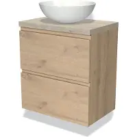 Maxaro Modulo Plato Slim Badkamermeubel voor waskom | 60 cm Lichtbruin eiken Greeploos front Lichtgrijs eiken blad 2 lades onder elkaar