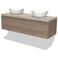 Maxaro Modulo Plato Badkamermeubel voor waskom | 140 cm Middenbruin eiken Greeploos front Lichtgrijs eiken blad 2 lades naast elkaar