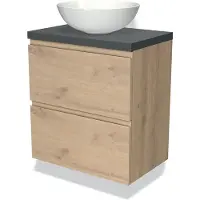 Maxaro Modulo Plato Slim Badkamermeubel voor waskom | 60 cm Lichtbruin eiken Greeploos front Donkergrijs blad 2 lades onder elkaar