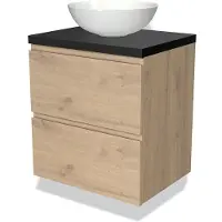 Maxaro Modulo Plato Badkamermeubel voor waskom | 60 cm Lichtbruin eiken Greeploos front Mat zwart blad 2 lades onder elkaar