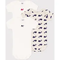 Petit Bateau Set van 3 katoenen body's met korte mouwen en walvisjes Unisex Rompertje - Wit/Blauw + Beige/Blauw + Wit/Rood
