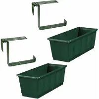 Geli Set van 4 kunststof plantenbakken donkergroen rechthoekig 60 cm met 8 verstelbare railing beugels