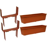 Geli Set van 3 kunststof plantenbakken terracotta rechthoekig 60 cm met 6 verstelbare balkon/muurbeugels