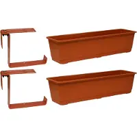 Geli Set van 4 kunststof plantenbakken terracotta rechthoekig 60 cm met 8 verstelbare railing beugels