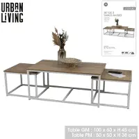Urban Living "LA CASA BLANCA" SALONTAFELS SET VAN 3 HOUT EN METAAL 1-100X60XH45CM + 2-50X50XH38CM