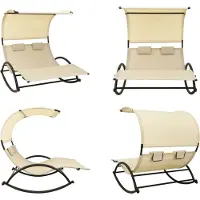 vidaXL Ligbed tweepersoons met luifel textileen crèmekleurig - Zonnebed - Zonnebedden - Ligstoel - Ligstoelen