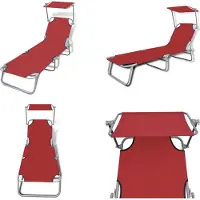 vidaXL Ligbed inklapbaar met luifel staal en stof rood - Ligstoel - Ligstoelen - Lig Stoel - Lig Stoelen