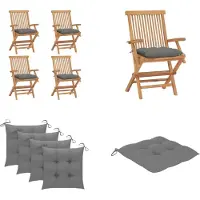 vidaXL Tuinstoelen met grijze kussens, 4 stuks. Massief teakhout - Tuinstoel - Tuinstoelen - Houten tuinstoel - Massieve houten tuinstoel