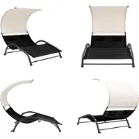 vidaXL Ligbed tweepersoons met luifel textileen zwart - Zonnebed - Zonnebedden - Ligstoel - Ligstoelen