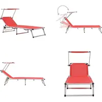 vidaXL Ligbed inklapbaar met dak aluminium en textileen rood - Zonnebed - Zonnebedden - Ligstoel - Ligstoelen