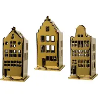 Heinen Delfts Blauw set van 3 witte trapgevel tuitgevel klokgevel Amsterdamse huisjes waxinelicht houders kandelaars Goud 8 x 17 cm