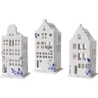Heinen Delfts Blauw set van 3 witte trapgevel tuitgevel klokgevel Amsterdamse huisjes waxinelicht houders kandelaars wit met Delft Blauw