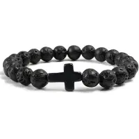 Memphis Kralen Armband met Natuursteen Kruis - Zwart Lava