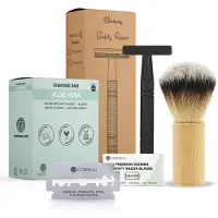 Bamboozy Safety Razor Aluminium Starterkit + Scheerkwast + Scheerzeep Mat Zwart 1 Set
