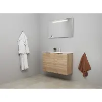 Bewonen Luuk Badmeubel Met 2 Deuren - 100x36cm - Keramiek Wastafel - 1 Kraangat - Eiken - Spiegel Met LED Verlichting - Badkamermeubels, Badmeubel