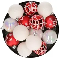 Atmosphera Kerstballen - 15st - kunststof - wit-rood - 5cm - Kerstbal