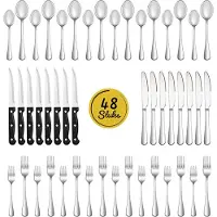 LW Collection bestekset 8 persoons 48 stuks zilverkleurig - bestek set zilver vaatwasserbestendig - Lepels, Messen, Vorken & Steakmessen