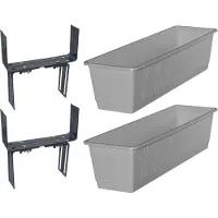 Geli Set van 2 kunststof plantenbakken grijs rechthoekig 60 cm met 4 verstelbare balkon/muurbeugels