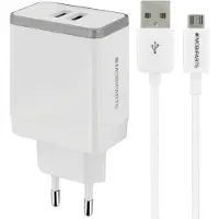 Mobiparts USB-A thuislader met 2 poorten en losse USB Micro B kabel - Smart IC - 2,4A / wit - 1 meter