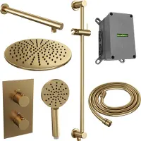 Brauer Regendoucheset inbouw gold edition thermostatisch 30 cm met 3-weg omstelling, wandarm, glijstang en 3-standen handdouche geborsteld goud